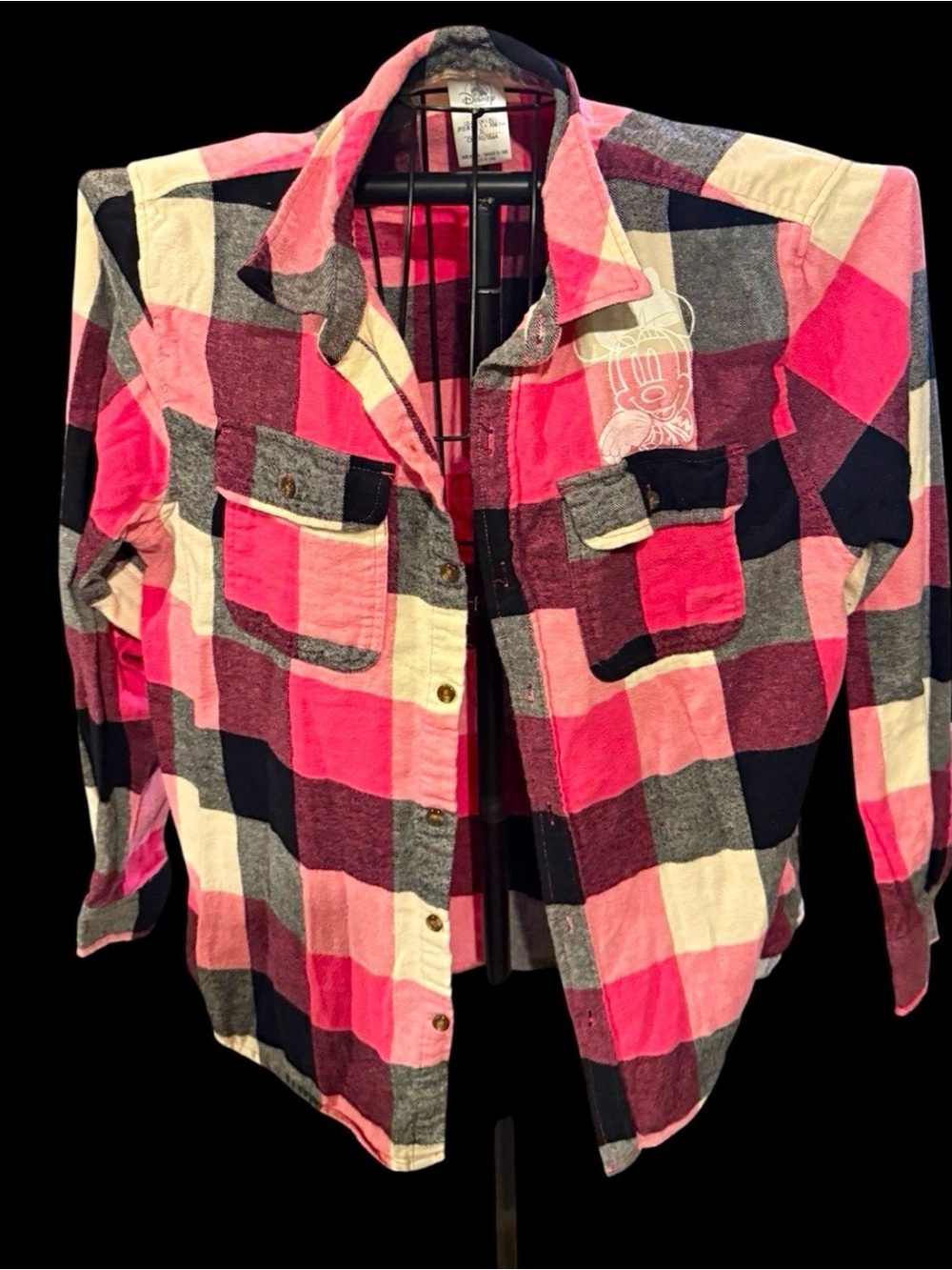 Disney Pink Black Gray Plaid Button-Down Shirt with Subtle Mickey Graphic